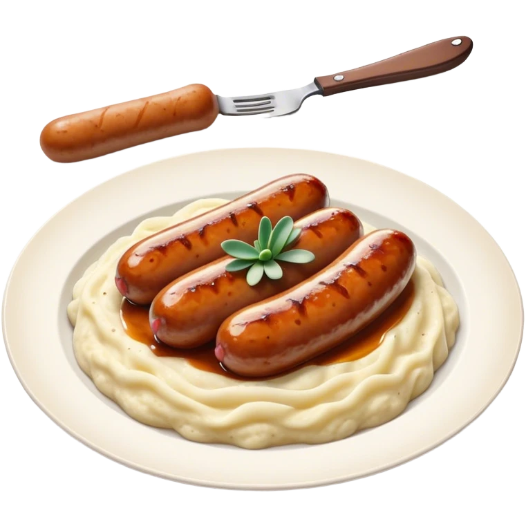 Cinematic Realistic Bangers and Mash Dish Emoji, featuring succulent pork sausages paired with creamy mashed potatoes rendered with detailed textures and natural highlights that emphasize its robust, hearty flavor. emoji