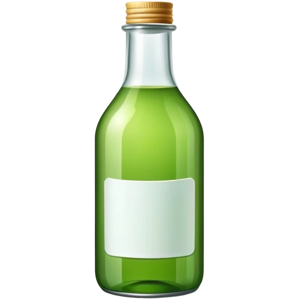 Botella verde de vidrio con etiqueta blanca con mini vaso con líquido transparente  emoji