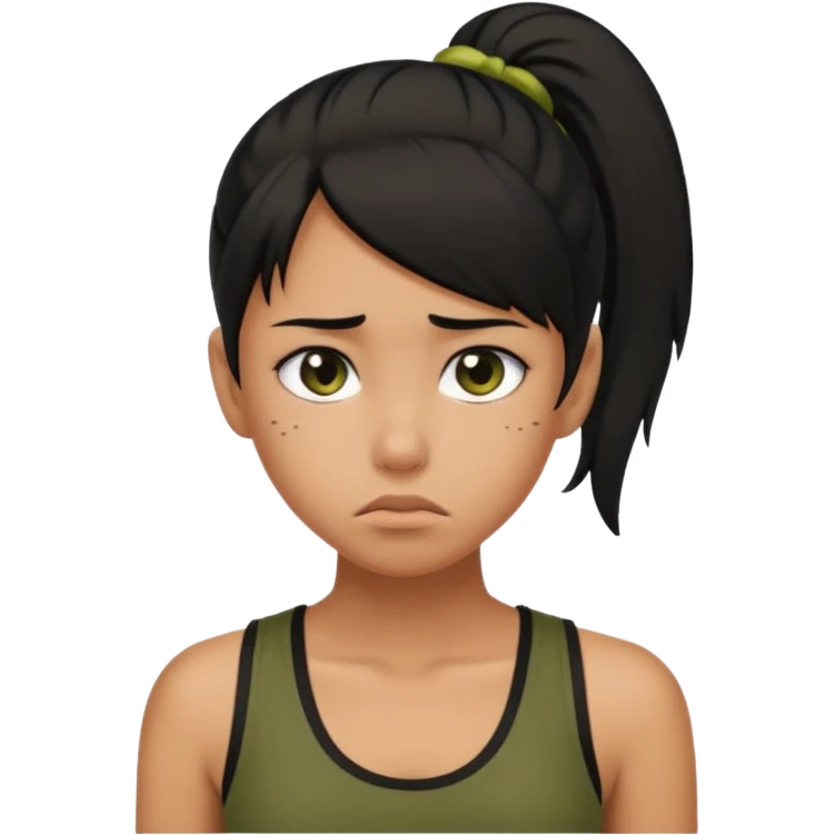 a tan girl with a black ponytail, black tank top, . Looking sad emoji