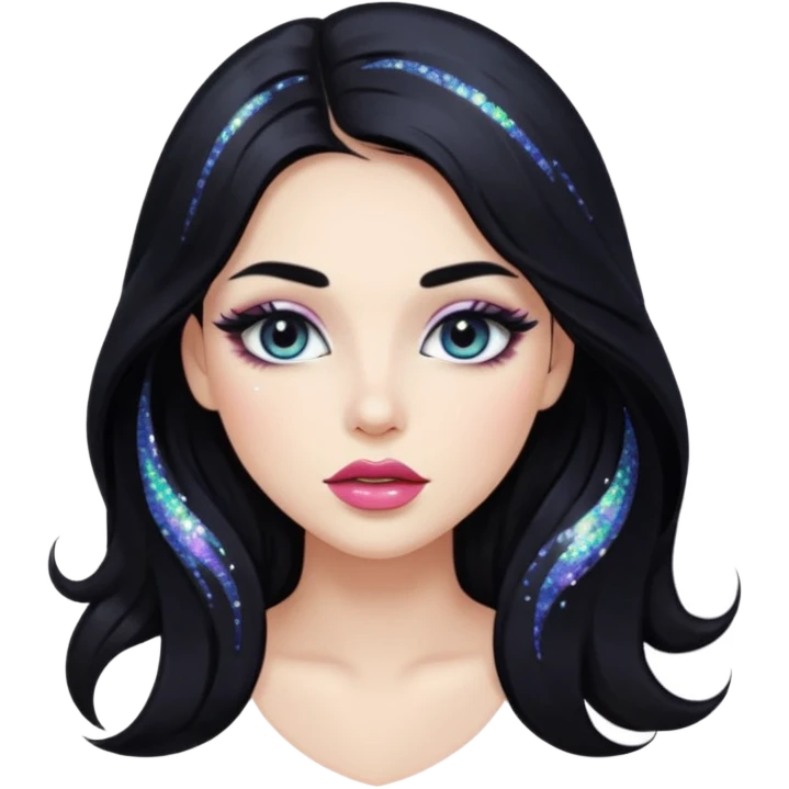 douyin long black hair glossy lips glittery iridescent white eyeshadow girl emoji
