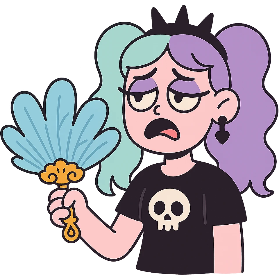 pastel goth fan, pastel blue feathers, ornate handle, cute and dramatic emoji