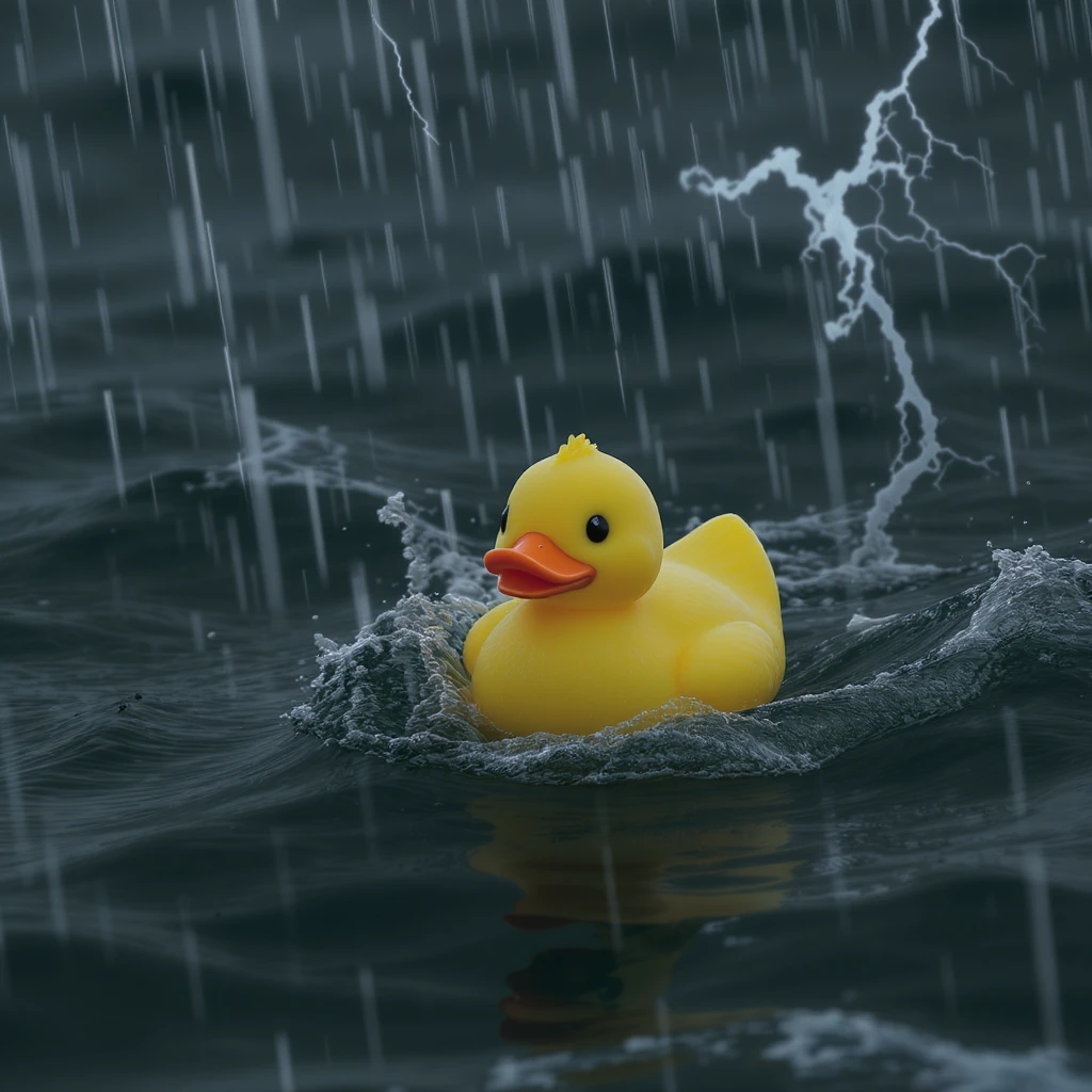 Cinematic still, Extreme Closeup shot of Yellow duck toy on ocean during storm, Camera from top, inspired by interstellar emoji