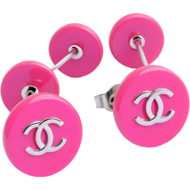 pair of 3D emoji-style Chanel logo stud earrings, glossy pink with silver accents, elegant emoji