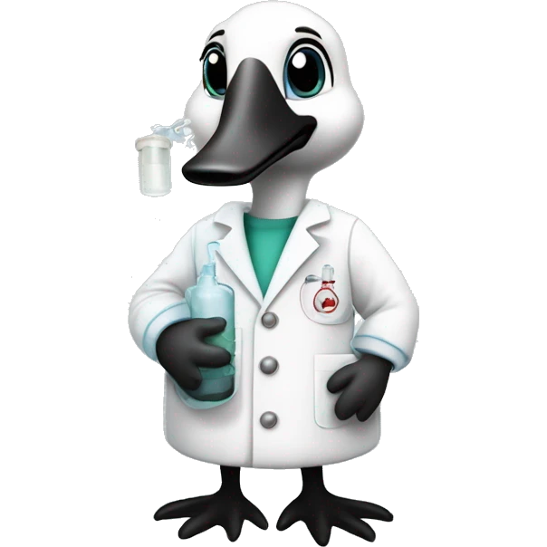 Canada goose wearing chemistry lab coat and has flask with chemicals emoji