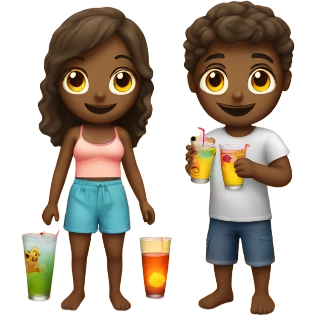 Boy and girl at the beach with sunset and drinks emoji