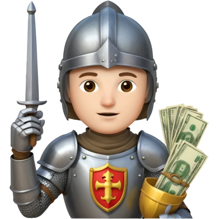 Knight with helmet holding phone and money emoji