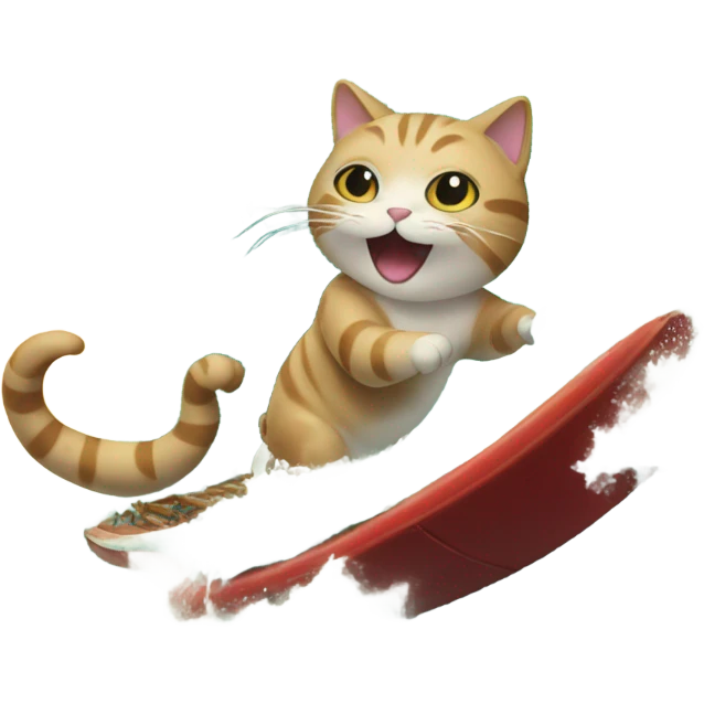 Cat riding a wave eating Chinese emoji