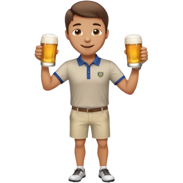Handsome. Male. Happy. Brown short hair. Wearing golf shirt and shorts. Drinking beer. Cheersing. Full body emoji