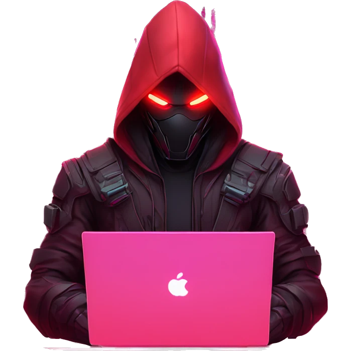 developer behind his laptop with this style : crysis Cyberpunk Valorant neon glowing bright red character dark red black hooded assassin themed character emoji