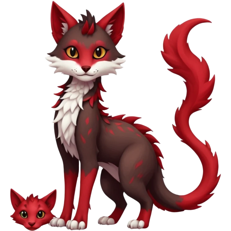 Kawaii dark-brown and crimson-red beautiful pretty elegant divine edgy fantasy feline-vernid-sergal-fursona animal creature with a tufted tail full body with intricate markings  emoji