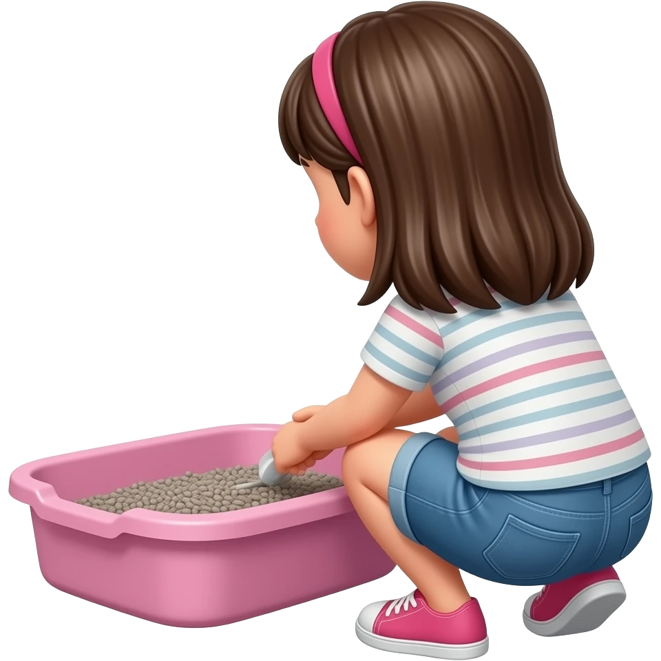A CGI cartoony image back view of a 10yo girl squatting in a pink human sized litterbox filled halfway with grey kitty litter emoji