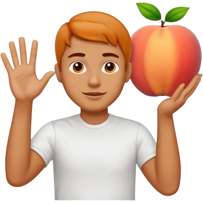 A large peach in front of a man waving emoji