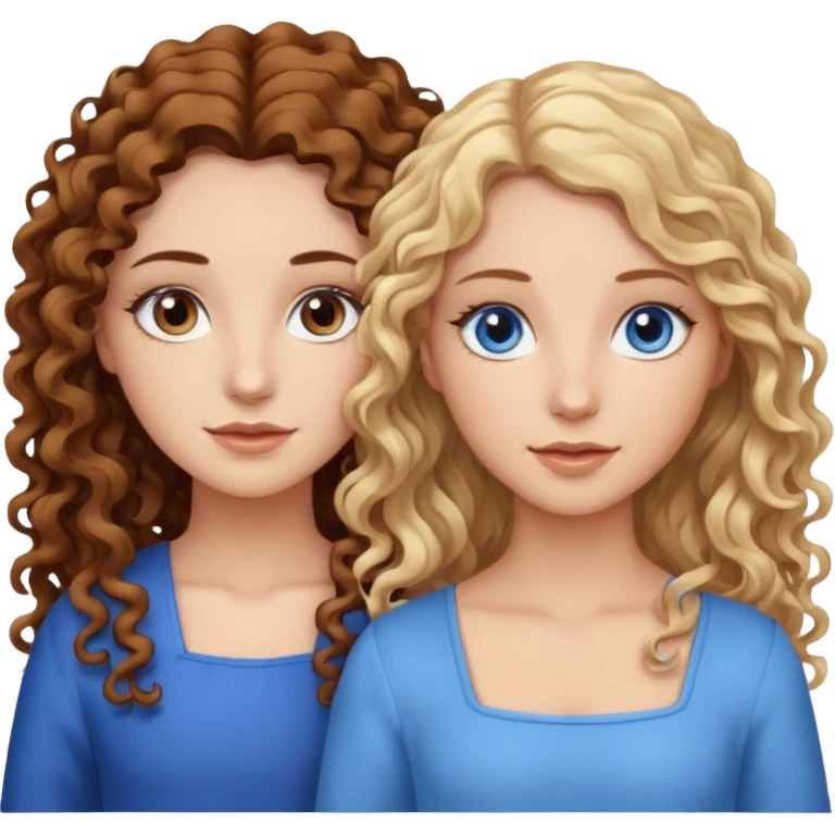 sisters, one has brown eyes, long curly brown hair, the other one has blond hair and blue eyes emoji