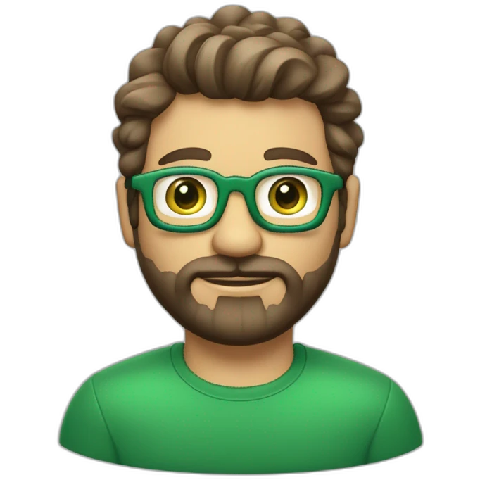 Une visage d’un homme cheveux mi-long un peu ondulée de couleur brun, avec des yeux vert avec une petit barbe bien taillés et des lunettes assez fines  et une peau claire  emoji