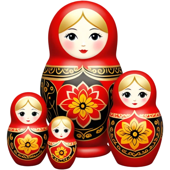 Wood painting icon, painted wooden matryoshkas (nesting dolls) of various sizes, vase, and small wooden box, visible carving tools, paintbrushes, traditional patterns in bright colors like red, gold, and black, no finished artwork, just the crafting process, minimalistic style, clean lines, transparent background. emoji