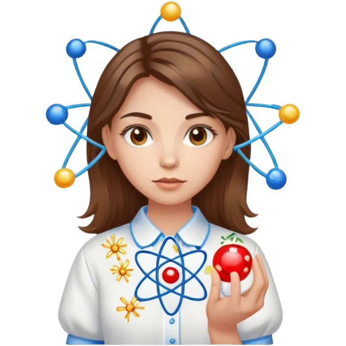 a Ukrainian girl with brown hair in an embroidered shirt and an atom emoji