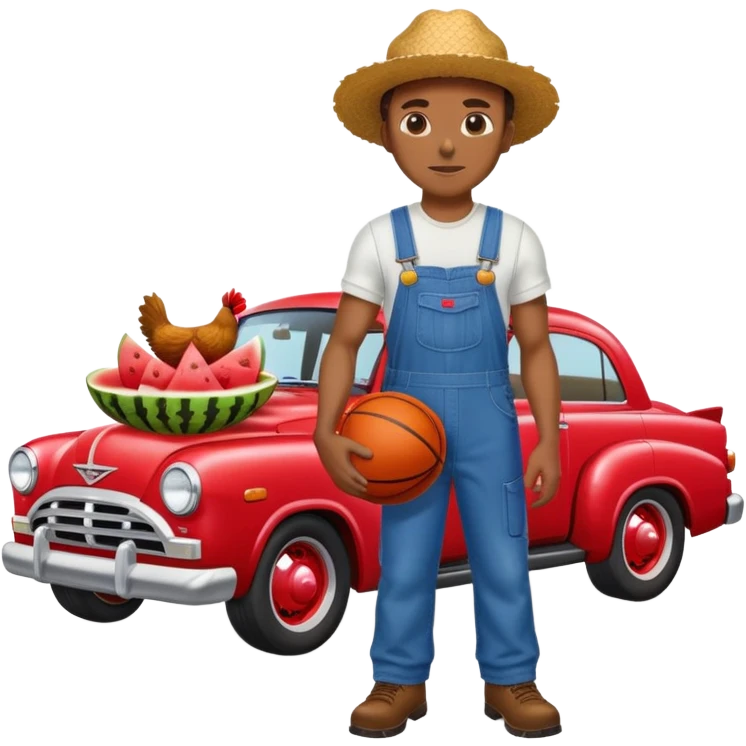 Black man in farmer outfit and infront of a hell cat car with a basketball fried chicken and watermelon in there hand emoji
