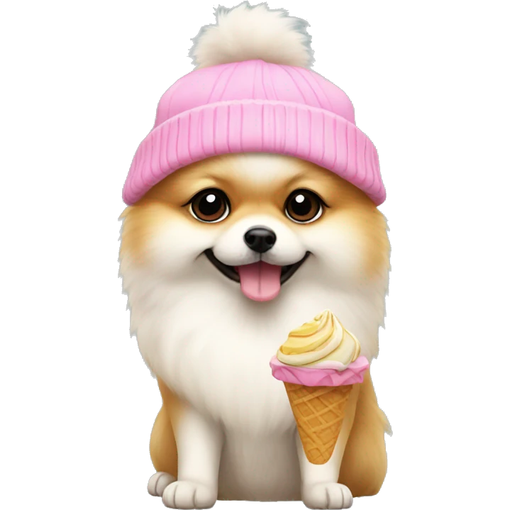 pomeranian eating an icecream and wearing a beanie pink emoji