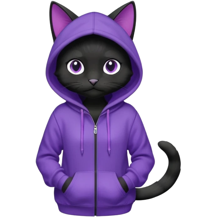 Black cat wearing a violet hoodie fursona (full body) emoji