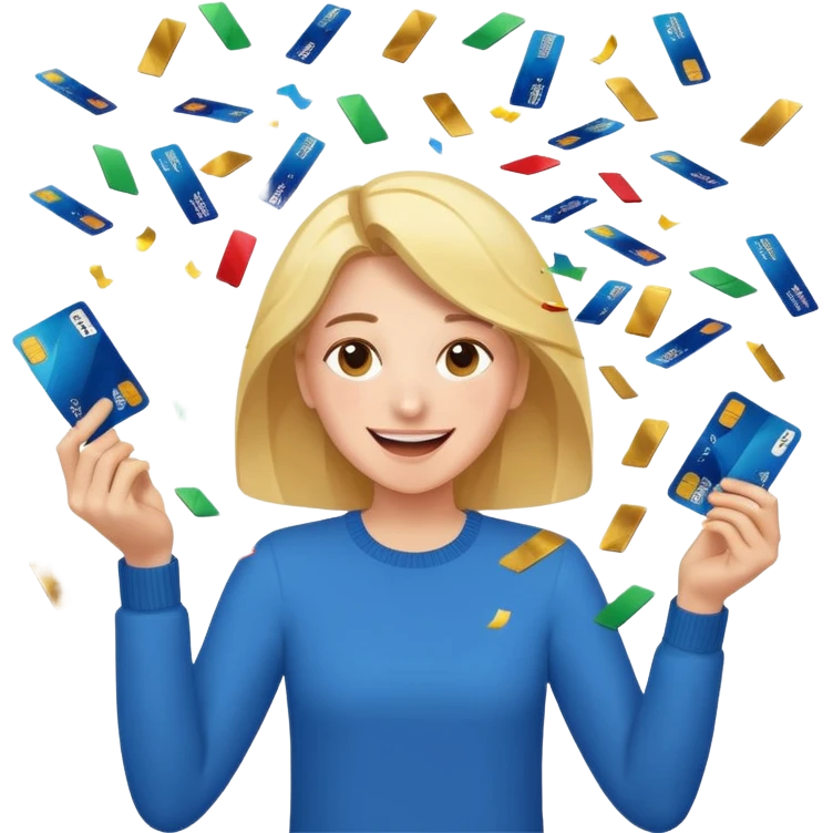 A joyful person cutting up credit cards as they turn into flying confetti emoji emoji