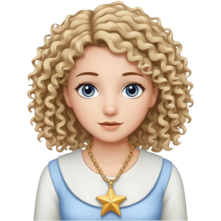 Very white woman, with blue/grey eyes, straight brown hair that is a little bit blonde and the tips are curly, cute white outfit, star neckless emoji