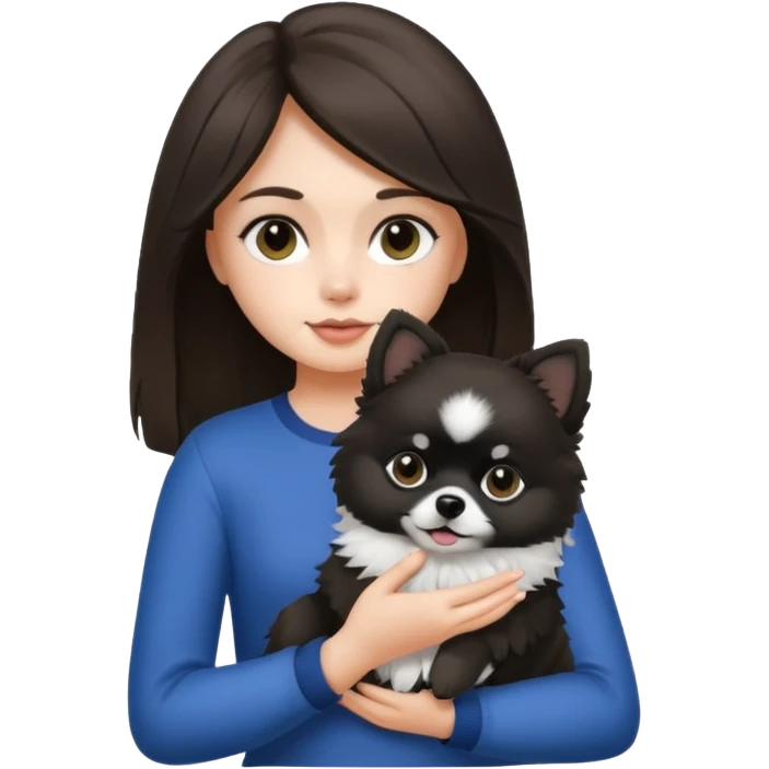 A brunette hair girl holding a black and white 1 Pomeranian dog who has black face but in the middle it’s white line emoji