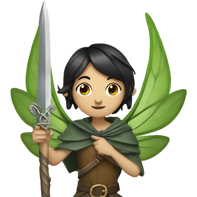 Androgynous, forest fairy, fairy wings, African, pointed elf ears, short black hair, vines, holding medieval sword emoji