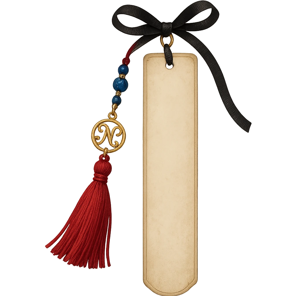 Bookmark with red tassel, gold charm, black ribbon, blue beads, elegant literary style emoji