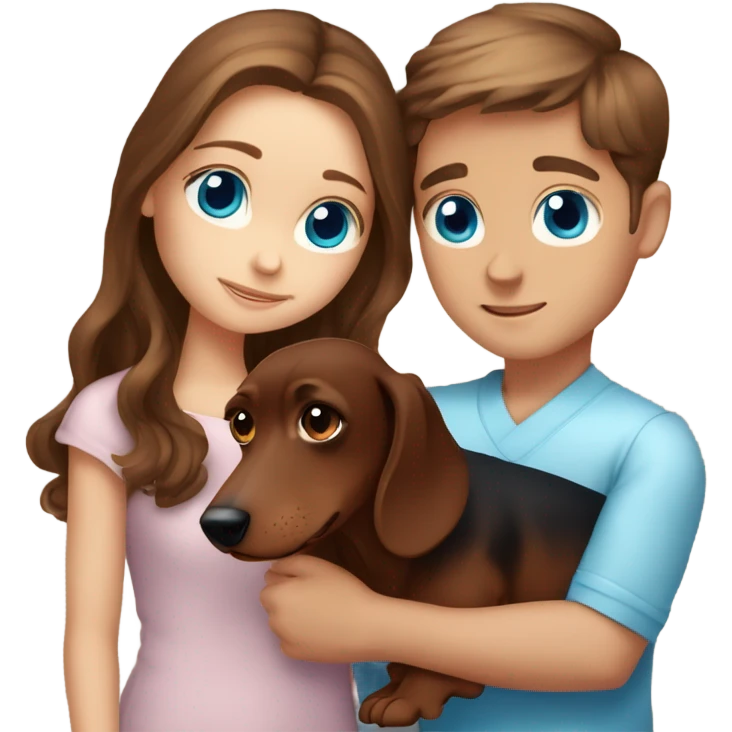 Brown long wavy hair blue eyes girl brown haired boy with blue eyes cuddling a brown dachshund emoji