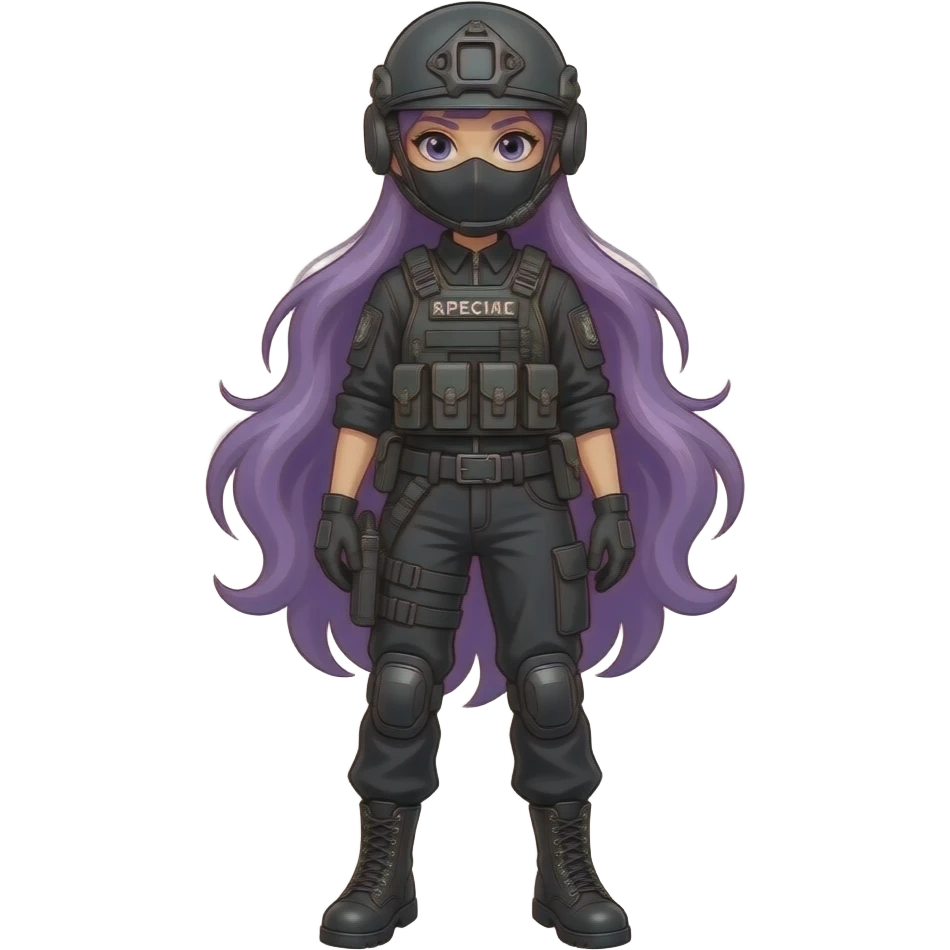 sexy girl with long purple hair wears a SPECIAL TACTICS FORCE OUTFIT BLACK FATIGUE AND COMBAT BOOTS PLATE with a helmet and a mask emoji
