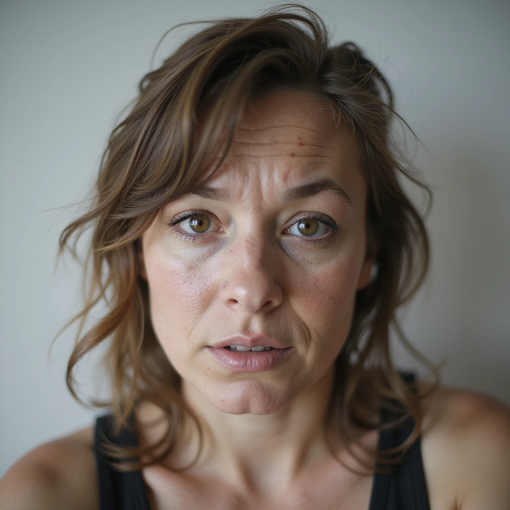 realistic style portrait of a woman with a lot of cellulite, visibly desperate and tired of her condition, face visible with a marked expression of despair and fatigue, neutral background emoji