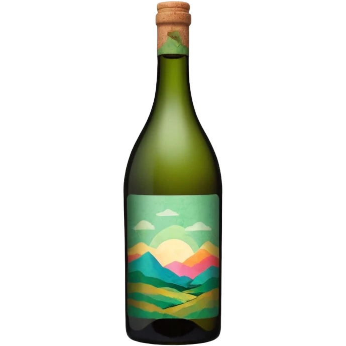 single isolated bottle of natural wine with muted psychedelic design on the label. bottle is isolated. no glass. emoji
