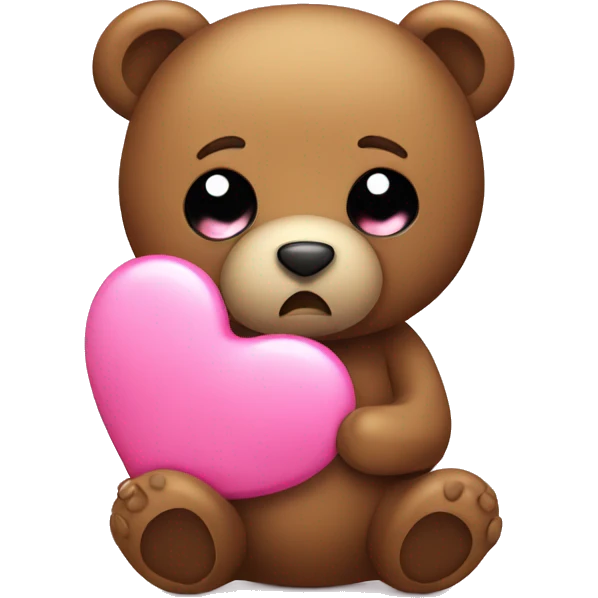 Teddy bear with sad eyes holding a pink heart emoji