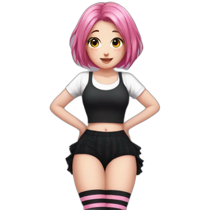 Front view curvy emo girl pink hair sits black skirt pink knickers striped stockings hands up emoji