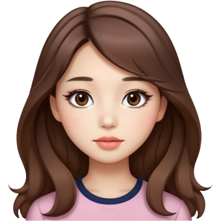 “korean straight brown hair Emoji girl, soft eyeliner and blush, gradient lips, light brown shimmer eyeshadow, long wavy hair,  emoji