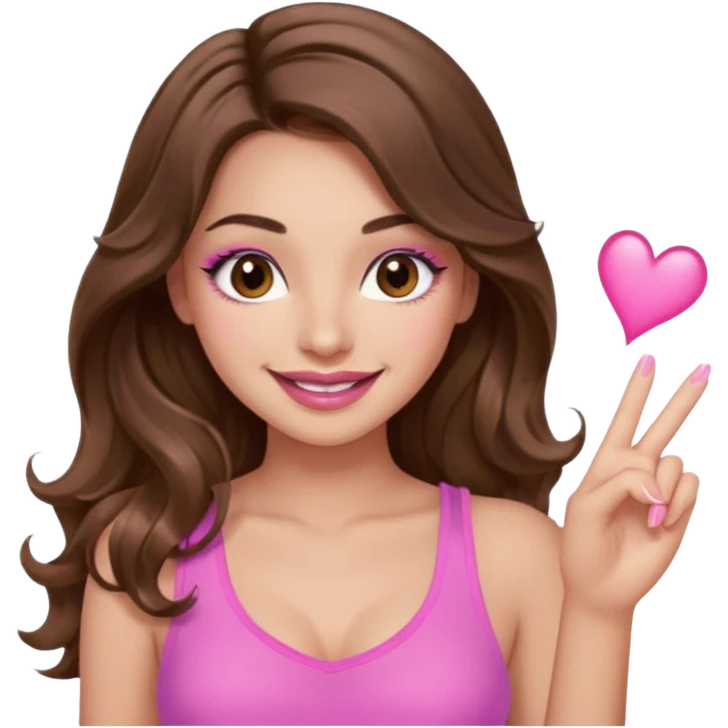 girl with long wavy brown hair, brown eyes, long lashes, sexy pink lips, light to medium complexion, wearing a pink sexy top, smiling, finger tips touching emoji