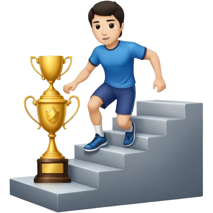 UN HOMBRE DE PIEL CLARA Y PELO OSCURO SUBIENDO ESCALERAS PARA ALCANZAR UN TROFEO QUE ESTA EN EL ULTIMO ESCALON emoji