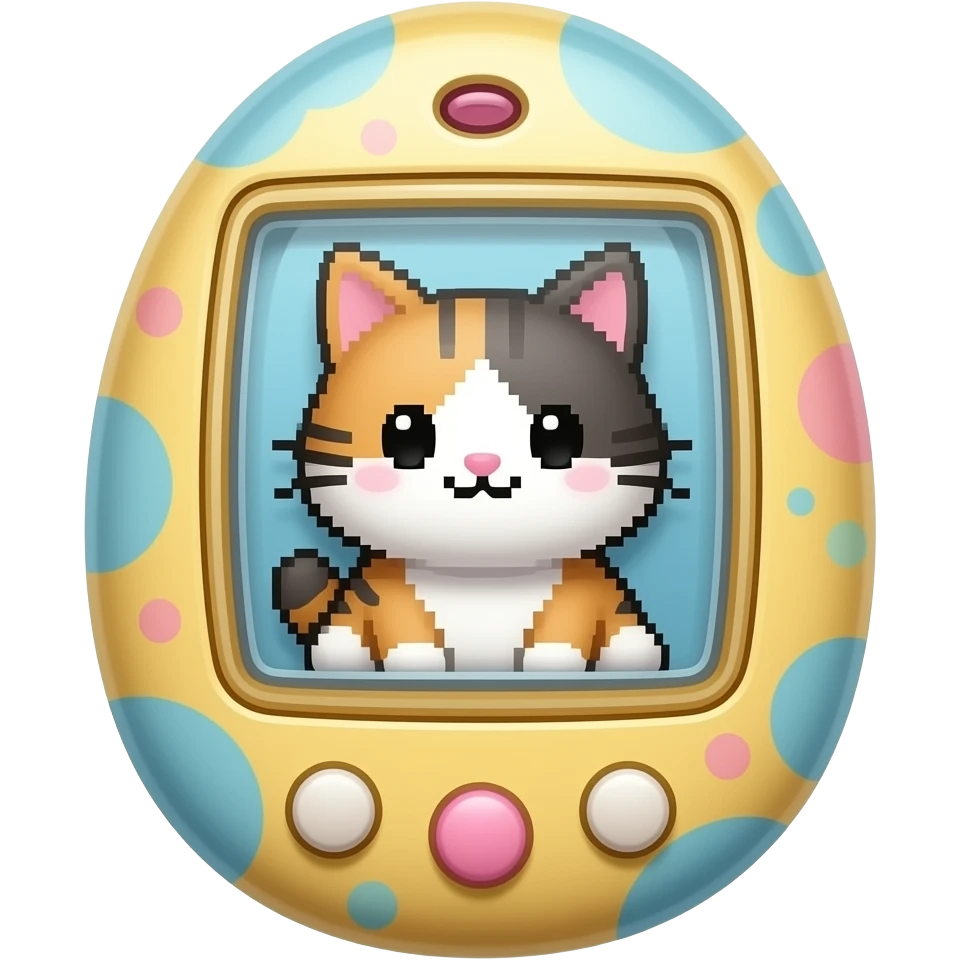 all in pixel art style: cute little pixel cat that looks like poff and pom from sanrio inside a tamagotchi style virtual pet device, pixel art style emoji