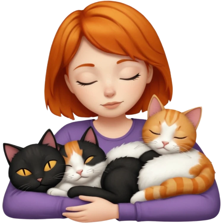 Ginger Girl short hair sleeping with two cats a black and a white bigger cat  emoji