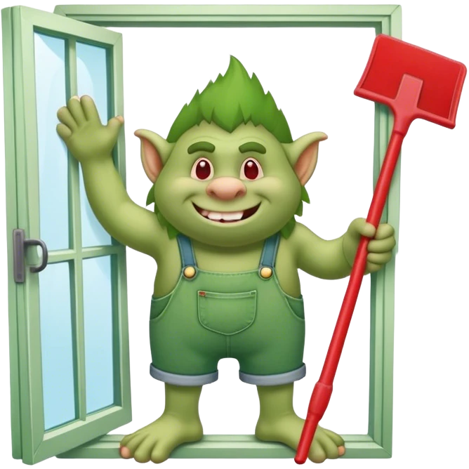 Troll wearing jorts cleaning a window using red squeegee emoji