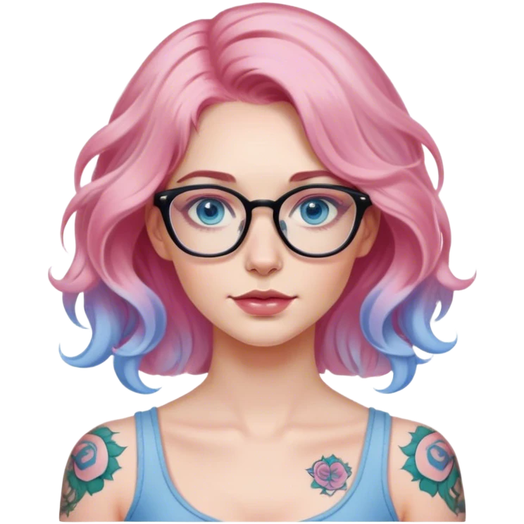 Hyper Realistic adult 
model, pale woman, pink wavy balayage hair, blue eyes and glasses, shoulder tattoo  emoji