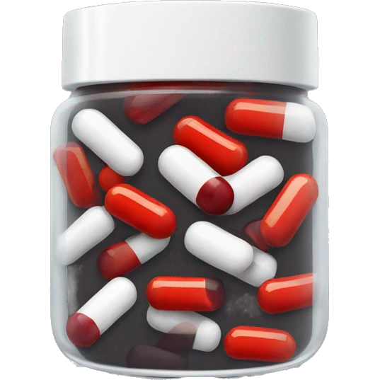 dark tinted supplement jar with pills that are half white and half red inside emoji