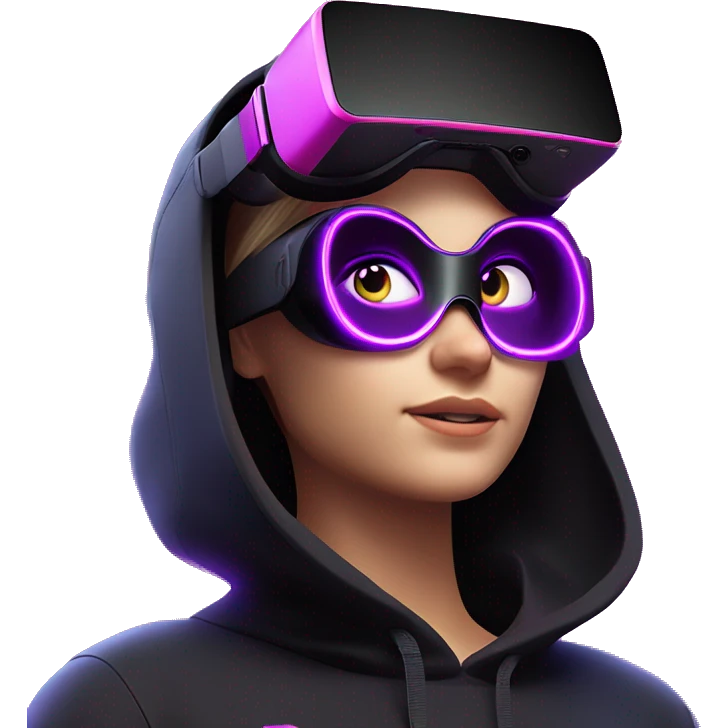 Russian girl wearing black hoody with violet letters "OMG", in vr headset oculus quest2. jumping. Cyberpunk style. Violet neon. emoji