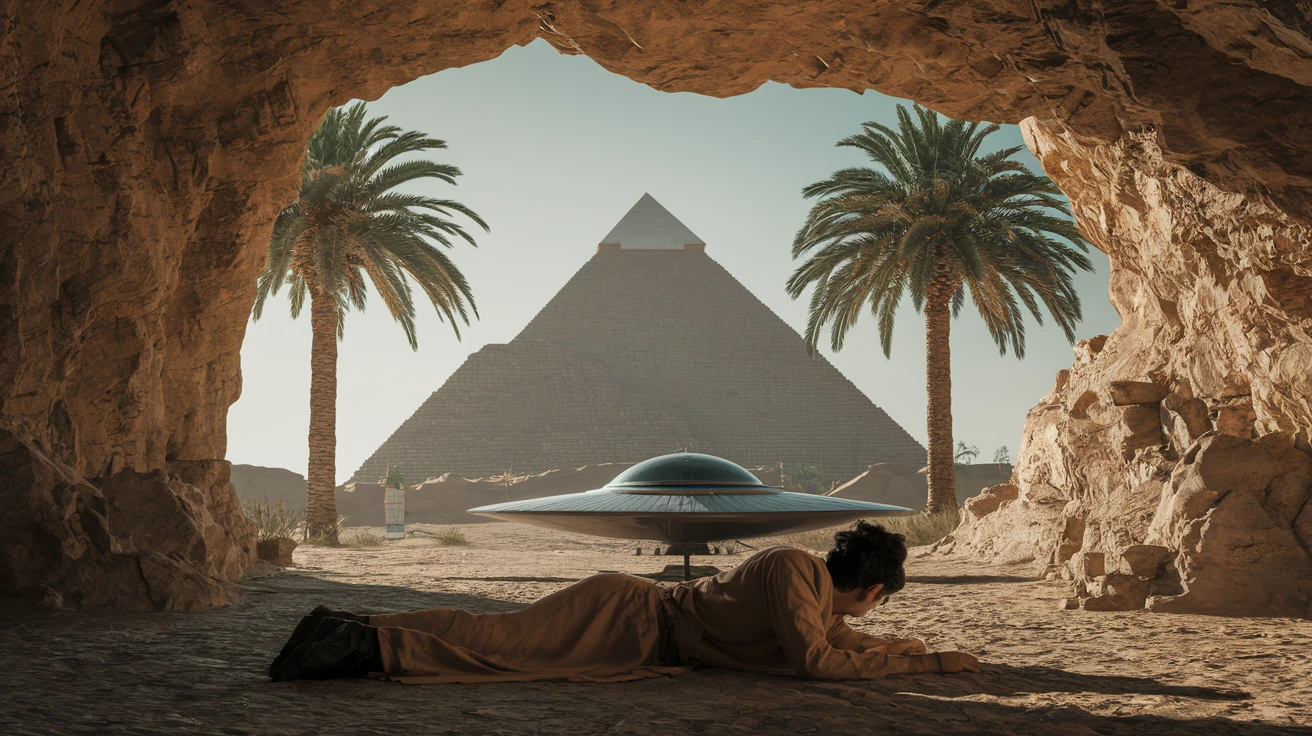 cinematic still, documentary photography, acient egypt, back shot of a man dress in ancient clothes in cave on ground laying front of small ufo starship, palms, dynamic scane, leading lines, captured by arri alexa, depth layers, piramids in babckground emoji