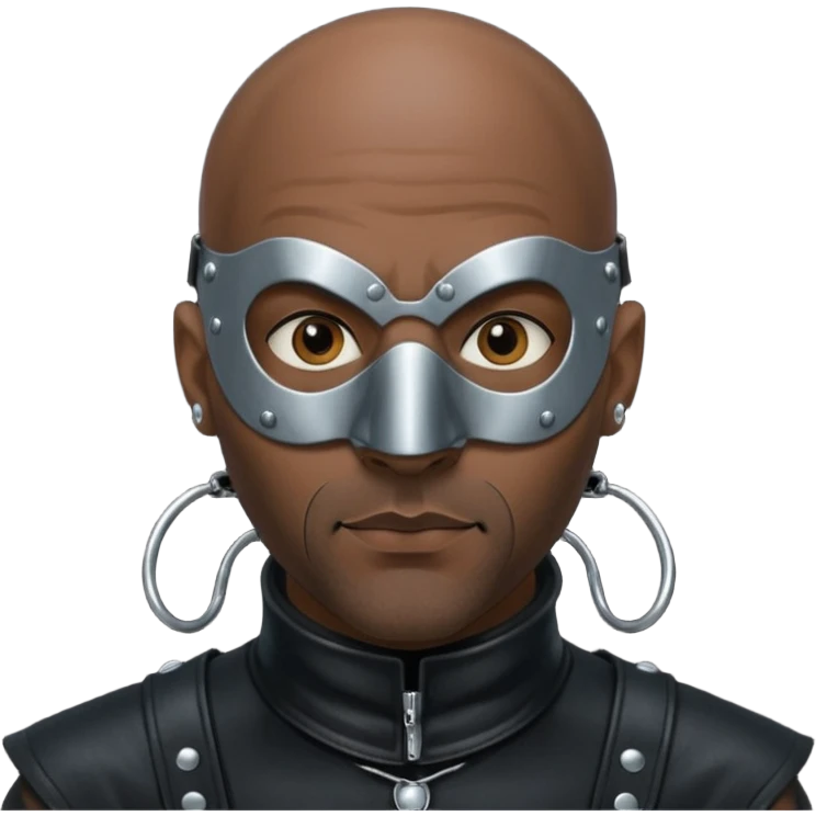 Dark guy wearing leather. Leather mask and heavy steel collar. Also bald wit a little stubble. Nose and ears pierced emoji