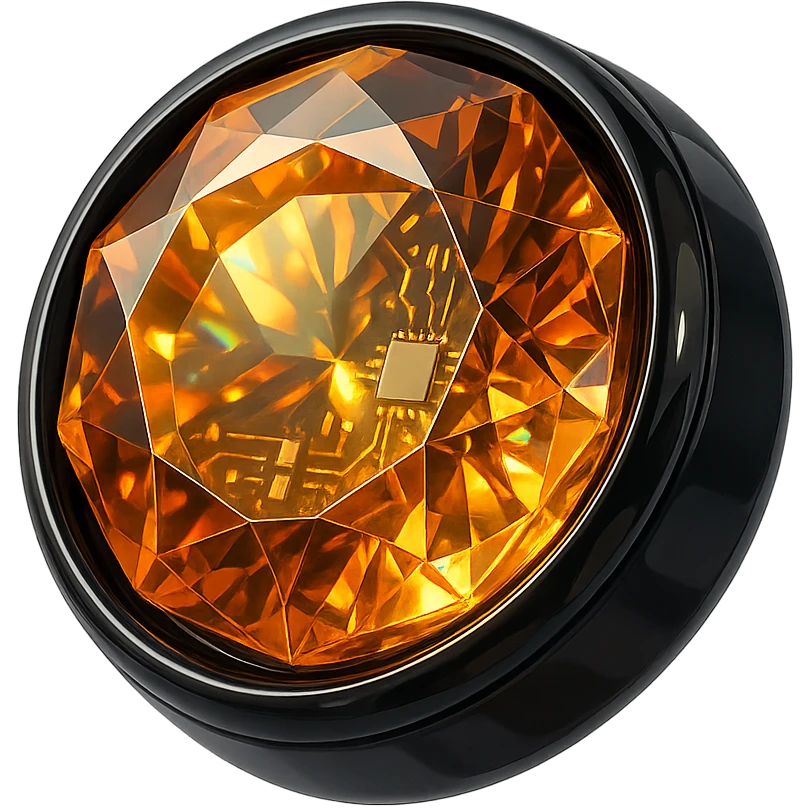 extreme up close amber round cut holographic gem with black metal accent emoji