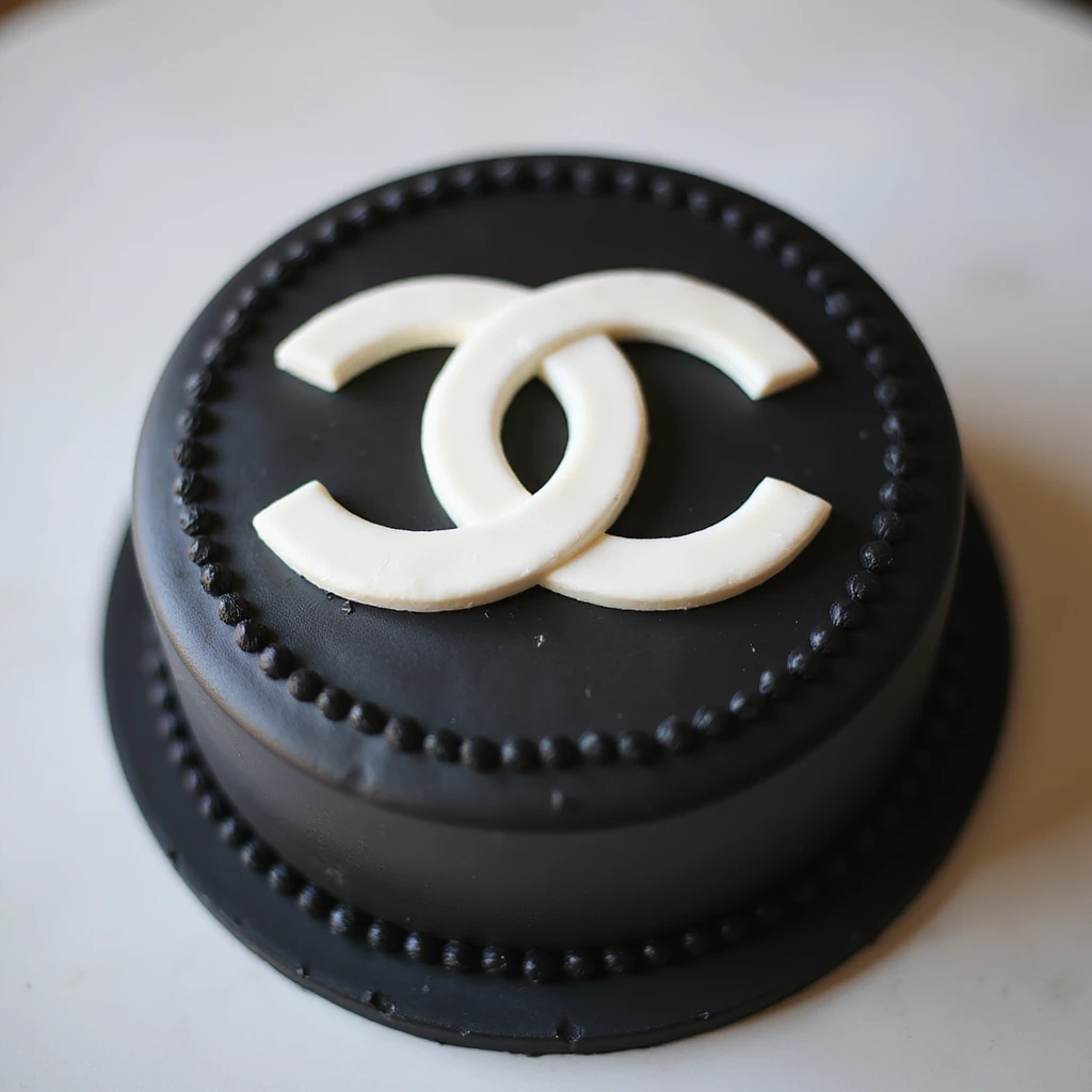 photorealistic round cake with a large edible Chanel logo on top, black and white theme, no background emoji