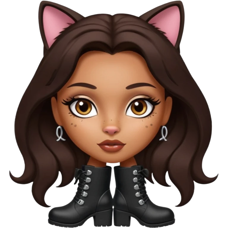 A sexy, super pretty bratz girl with caramel skin. Dark brown hair and brown eyes. She has freckles. Wearing sexy makeup. Dressed as a sexy cat with tall black boots on emoji