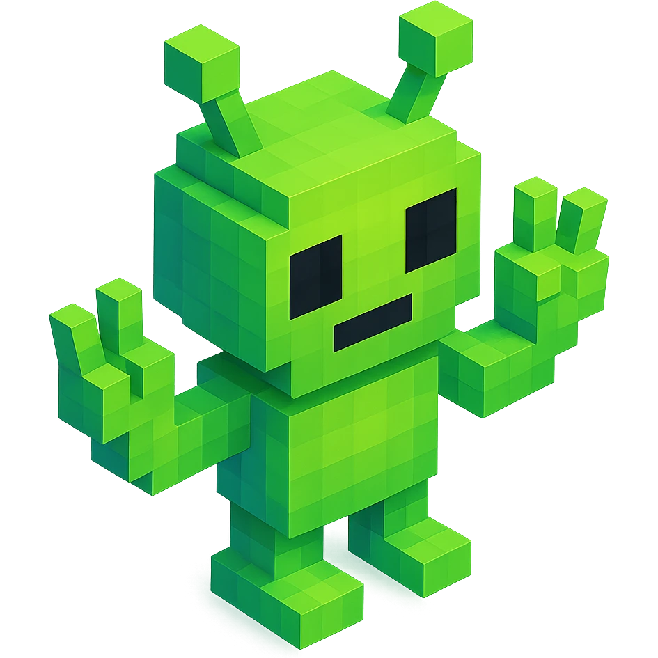 green alien with antennae and three fingers on each hand, isometric view emoji