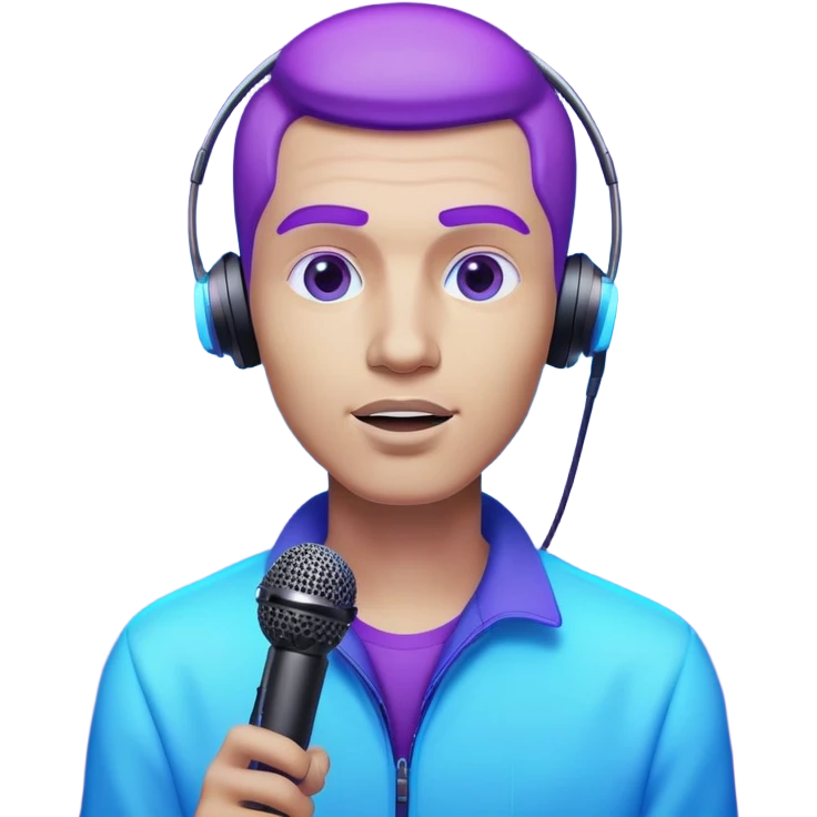 man speaking into a microphone, with neon glow effect, blue neon glow on top left, purple neon glow on bottom right emoji